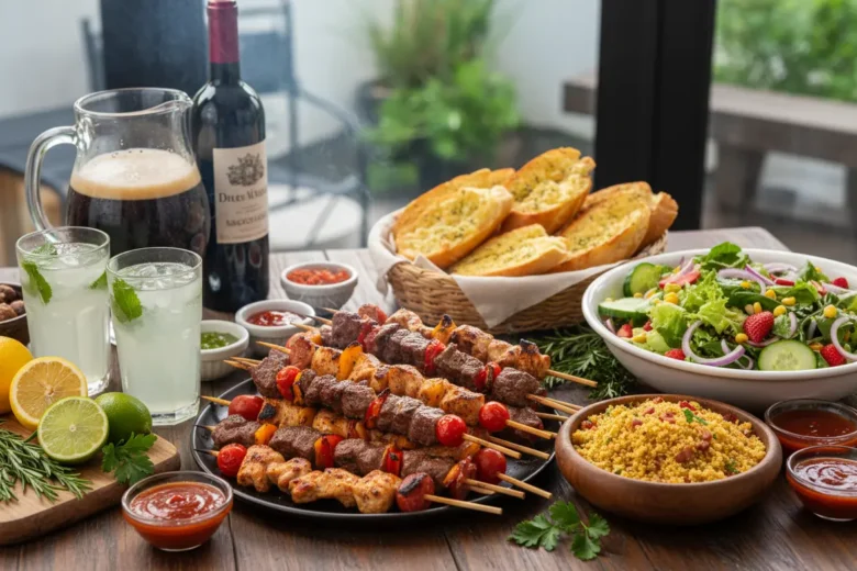 Mesa farta com acompanhamentos e bebidas de churrasco
