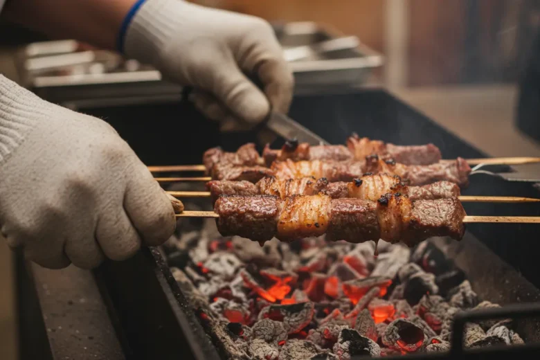 Espetinhos de carne gordurosa sendo assados na brasa