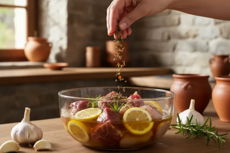 Carne de espetinho marinando em temperos para absorver sabor e suculência