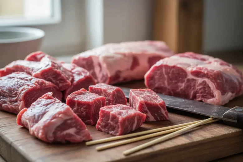 Cortes crus de acém e paleta prontos para espetinho.