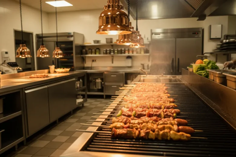 Cozinha organizada para preparo de espetinhos delivery.