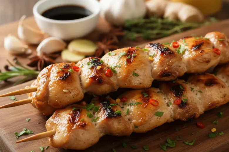 Espetinhos de coxa de frango grelhados e suculentos