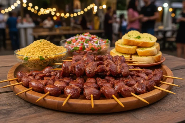 Espetinhos de coração de frango prontos com farofa e vinagrete.