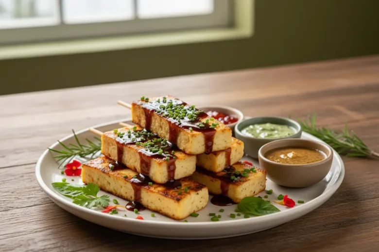 Espetinho de queijo coalho servido com molho e acompanhamentos.