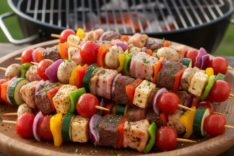 Espetinhos variados com queijo coalho e vegetais.