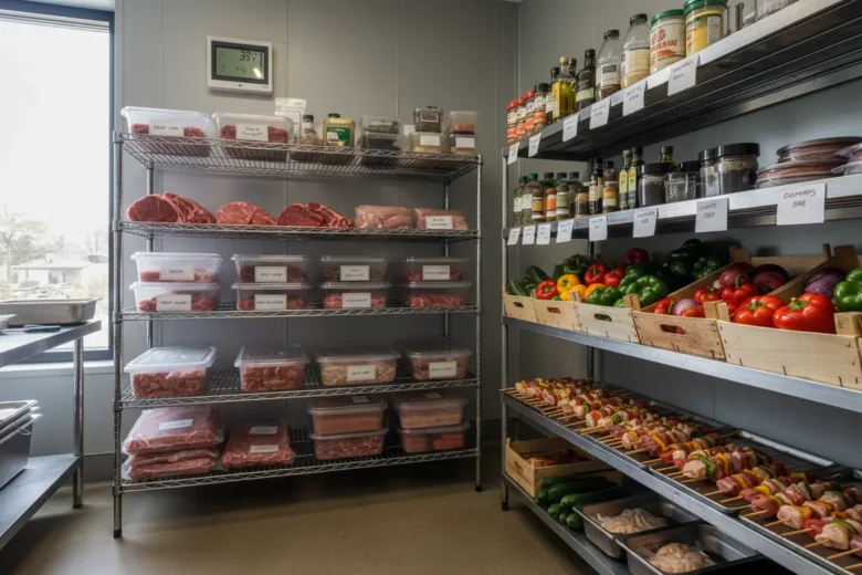 Estoque organizado de ingredientes frescos para espetinhos.