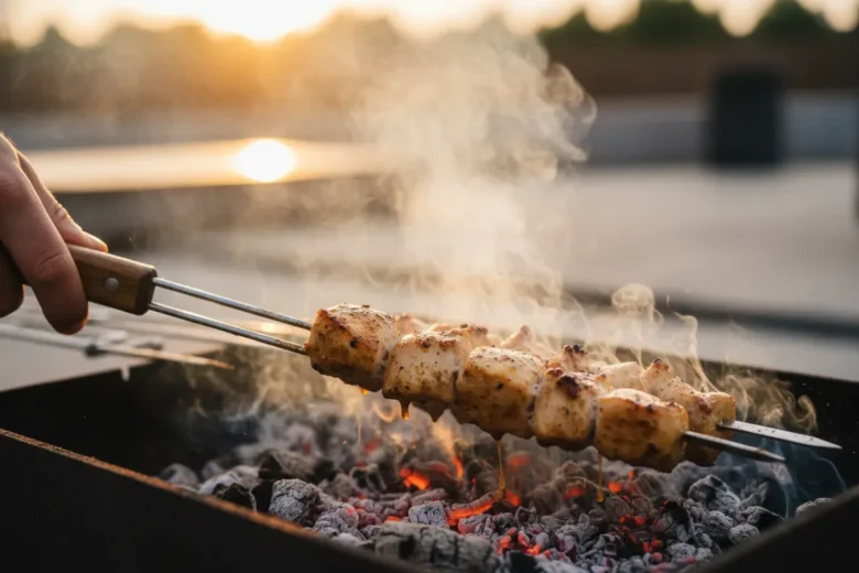 Grelhando espetinho de frango na churrasqueira para suculência.