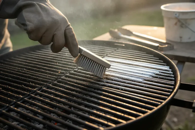 Pessoa limpando grelha de churrasqueira suja após o uso