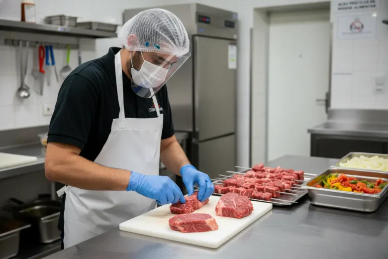 Higiene pessoal e manipulação correta de carnes para espetinhos
