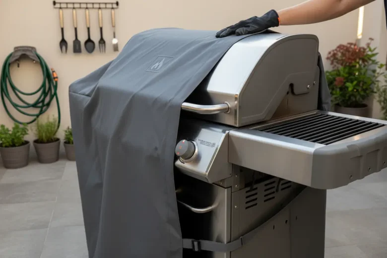 Pessoa cobrindo a churrasqueira com capa protetora após o churrasco