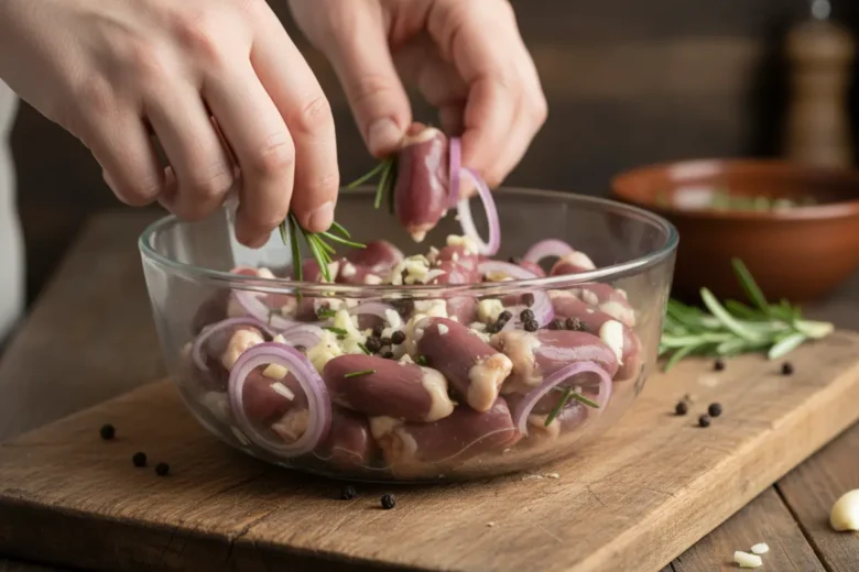 Corações de frango marinando em recipiente com temperos.