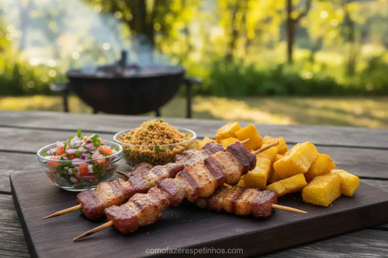 Mesa farta com espetinho de panceta, vinagrete e farofa.