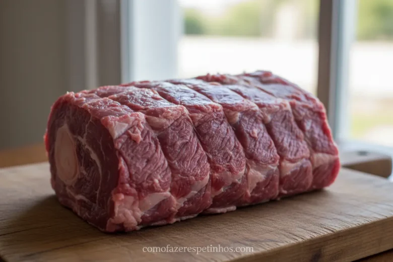 Carne fibrosa e dura, inadequada para espetinho.