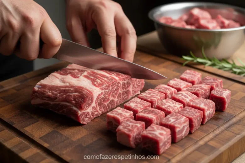 Cortando carne de cupim contra a fibra para espetinho
