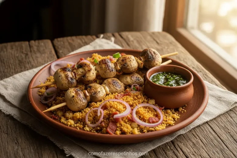 Espetinho de Cogumelos! A Receita Que Vai Surpreender Você 3 Espetinhos de cogumelos grelhados servidos com farofa