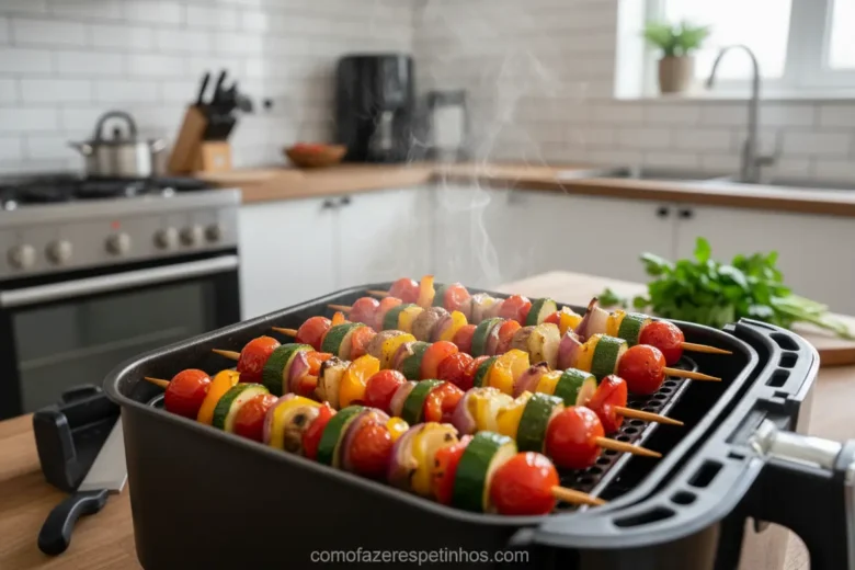 Espetinhos de legumes cozinhando na airfryer