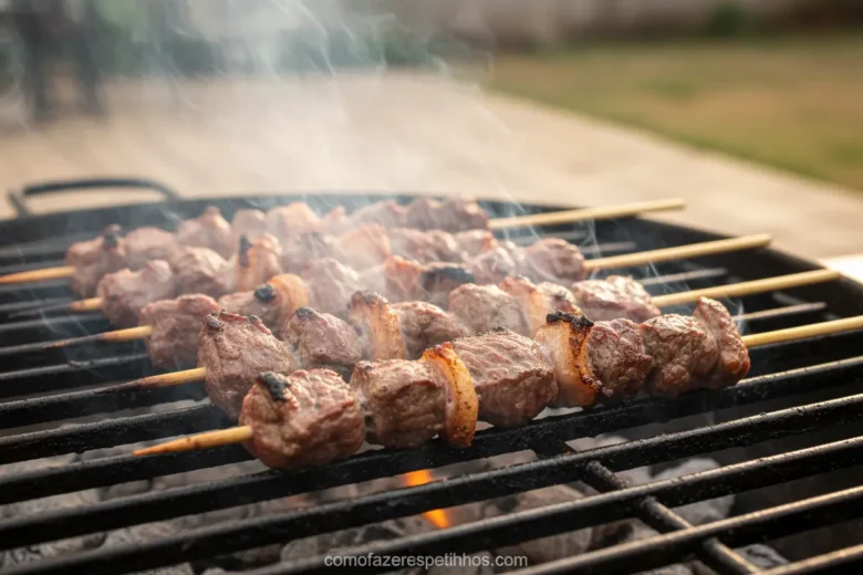 Espetinhos ressecados na grelha por carne magra.