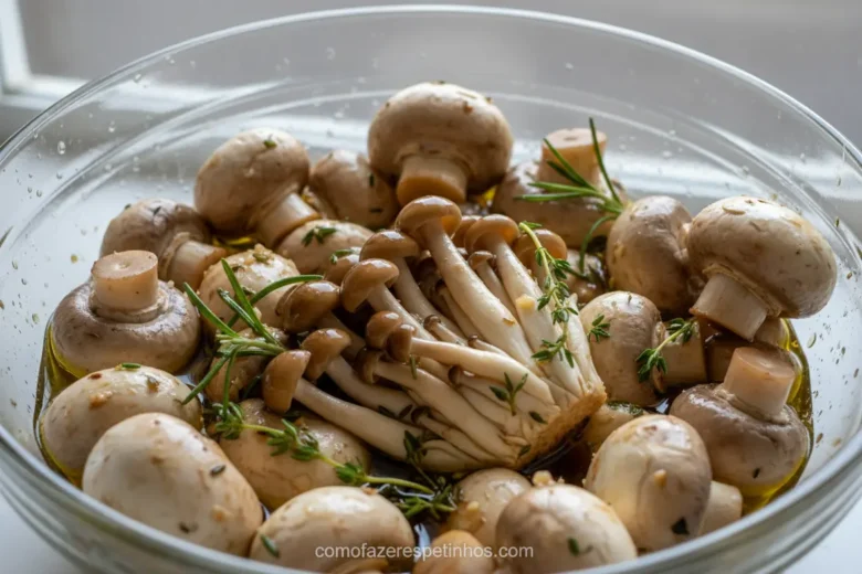 Espetinho de Cogumelos! A Receita Que Vai Surpreender Você 2 Cogumelos frescos imersos em marinada escura de shoyu e ervas