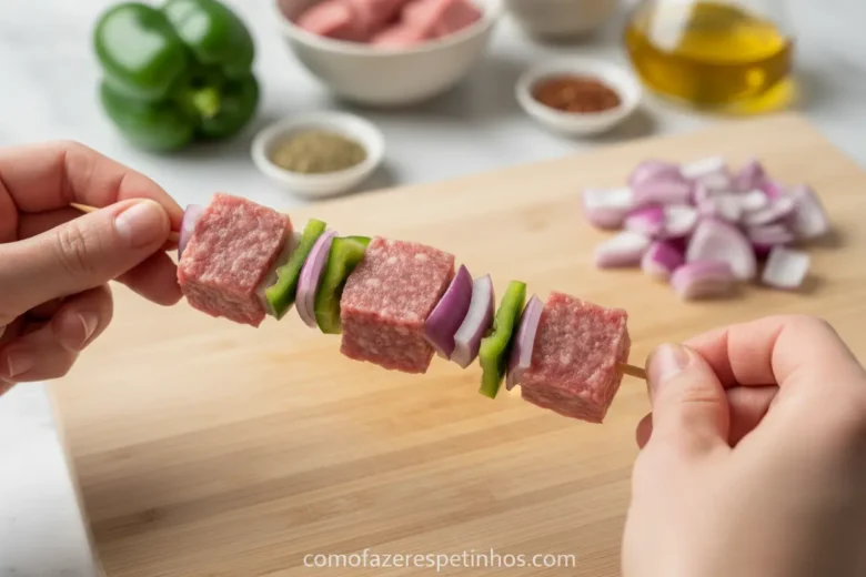 Técnica de montagem do espetinho de linguiça toscana.