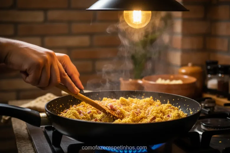 Preparando a farofa de mandioca para acompanhar espetinhos