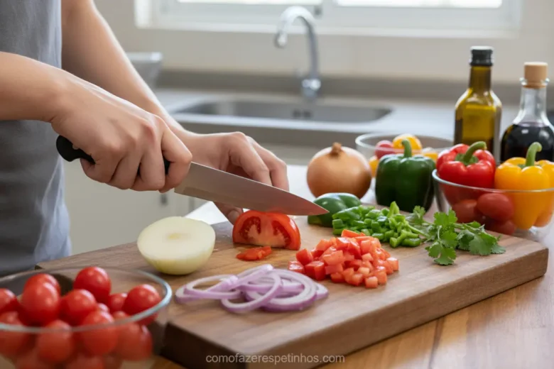 Preparando vinagrete: ingredientes frescos e picados.