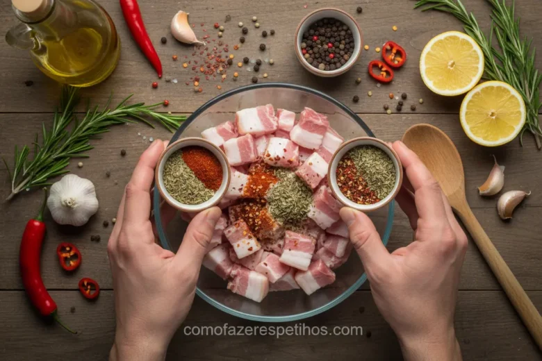 Preparo da marinada secreta para a panceta e temperos.