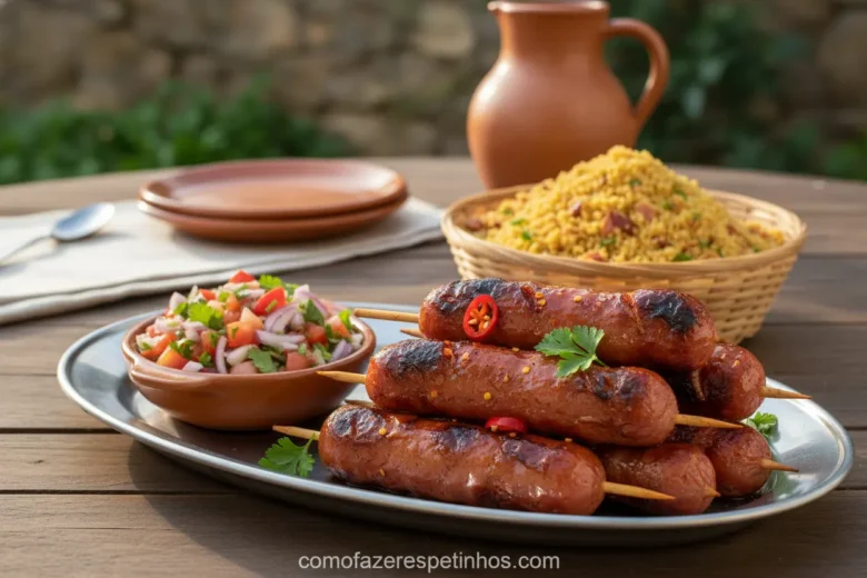 Servindo espetinhos de linguiça toscana com acompanhamentos.