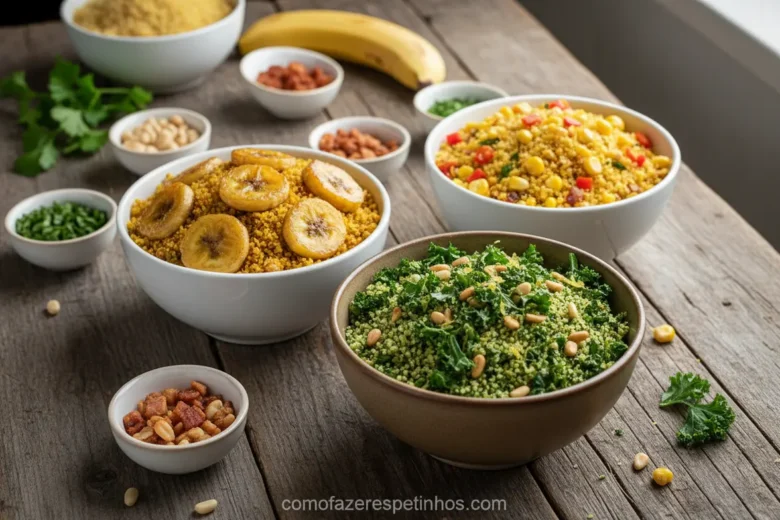 Mesa com várias opções de farofas criativas para churrasco