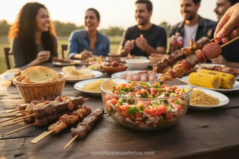 Vinagrete clássico servido ao lado de espetinhos de carne.