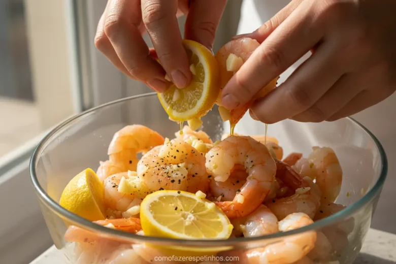 Camarões frescos marinando em azeite, alho e limão.