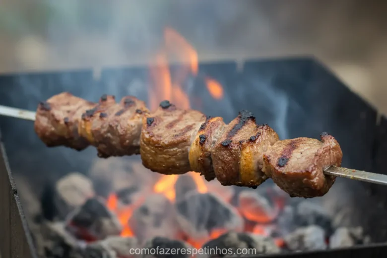 Espetinhos de cordeiro sendo assados na brasa ao ponto.