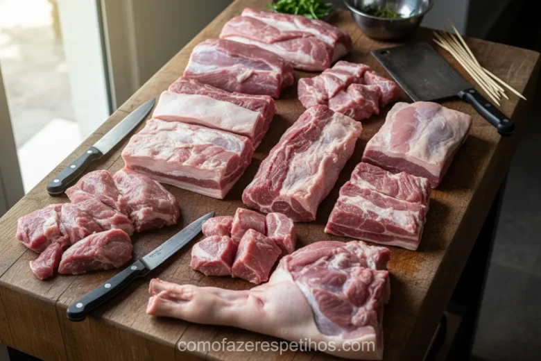 Cortes ideais de carne suína para espetinhos.