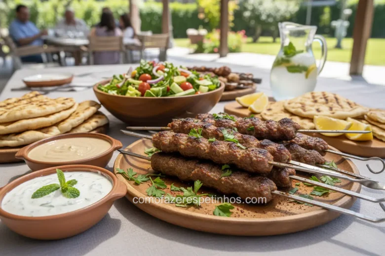Kafta Perfeita no Espetinho! O Segredo para um Churrasco Inesquecível 3 Espetinhos de kafta prontos servidos com molho de iogurte e salada fresca