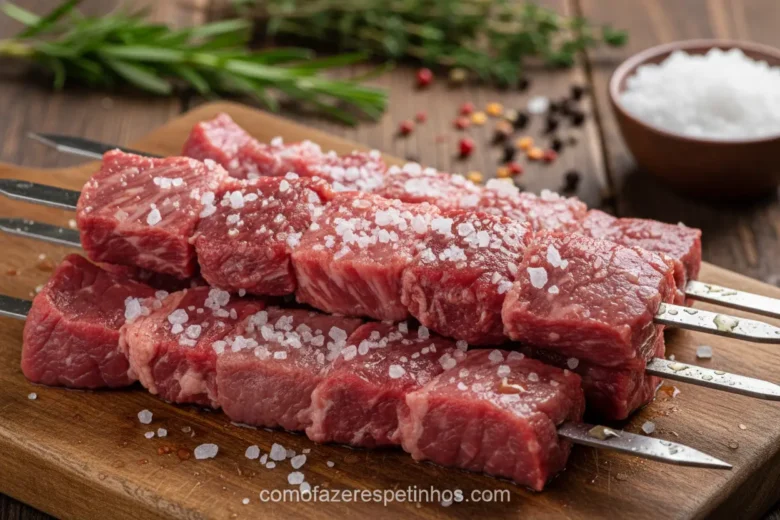Espetinho de carne pronto temperado com sal grosso