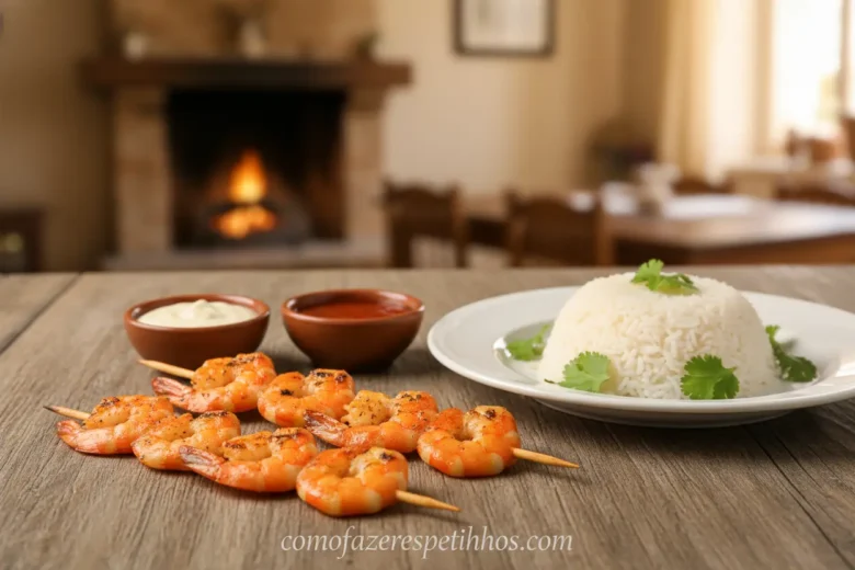 Espetinhos de camarão grelhado com molhos e vinagrete.