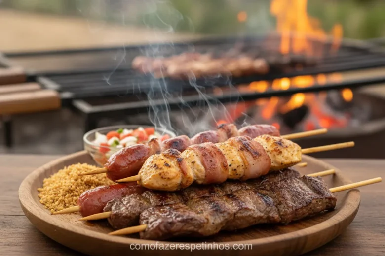 Cardápio para Espetaria: 15 Ideias Incríveis que Vão Surpreender! 2 Espetinhos clássicos de carne e frango grelhados