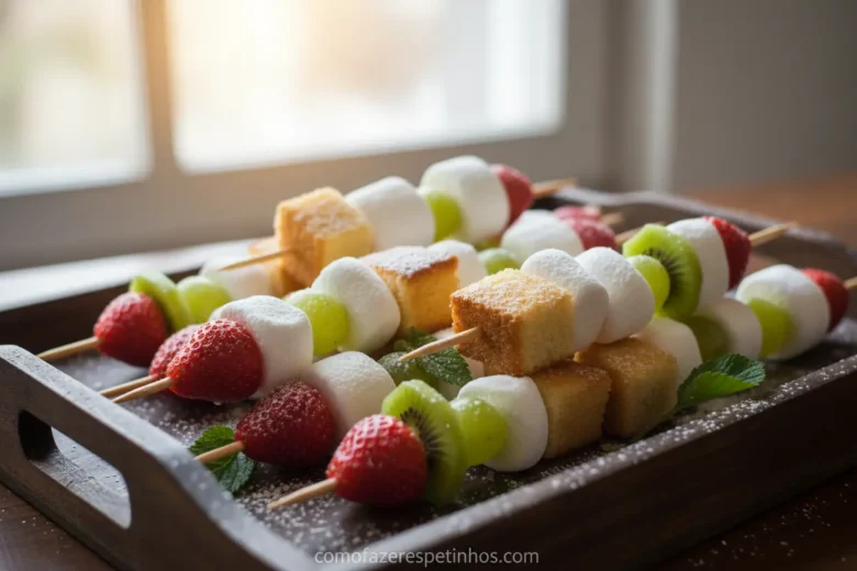 Espetinhos coloridos de frutas e doces para crianças.