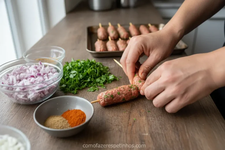 Kafta Perfeita no Espetinho! O Segredo para um Churrasco Inesquecível 2 Pessoa moldando kafta em espetos de metal para churrasco