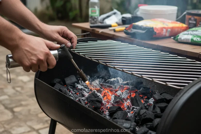 Churrasqueira a Bafo: O Segredo para Espetinhos Suculentos e Irresistíveis! 2 Preparando a churrasqueira a bafo com carvão e brasa.