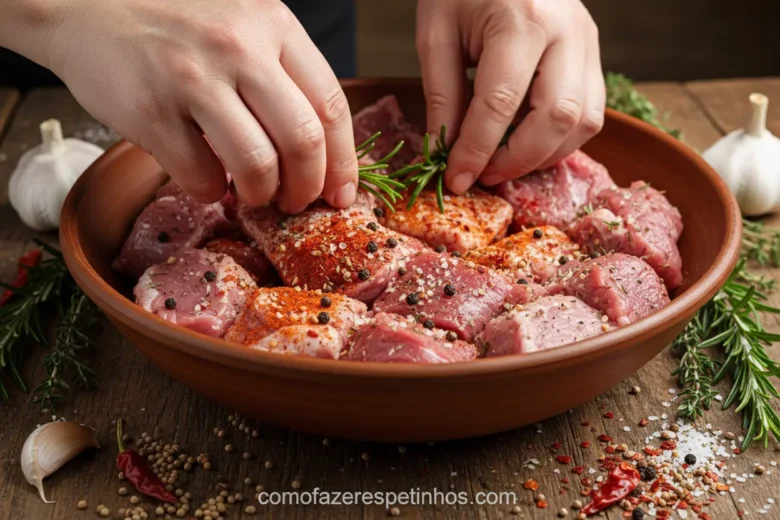 Marinada de cordeiro com alecrim e hortelã para espetinho.