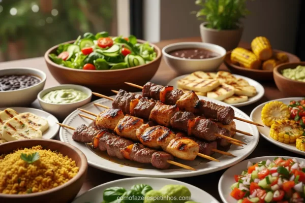 Mesa com acompanhamentos para espetinho e churrasco