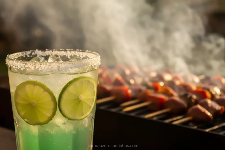 Caipirinha com limão e espetinhos grelhados