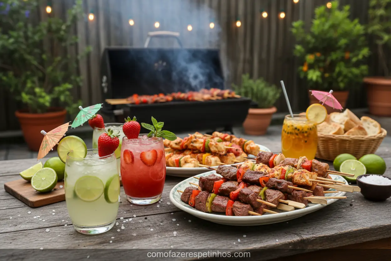 Caipirinhas Variadas e Espetinhos Receita de caipirinha de frutas e espetinhos variados