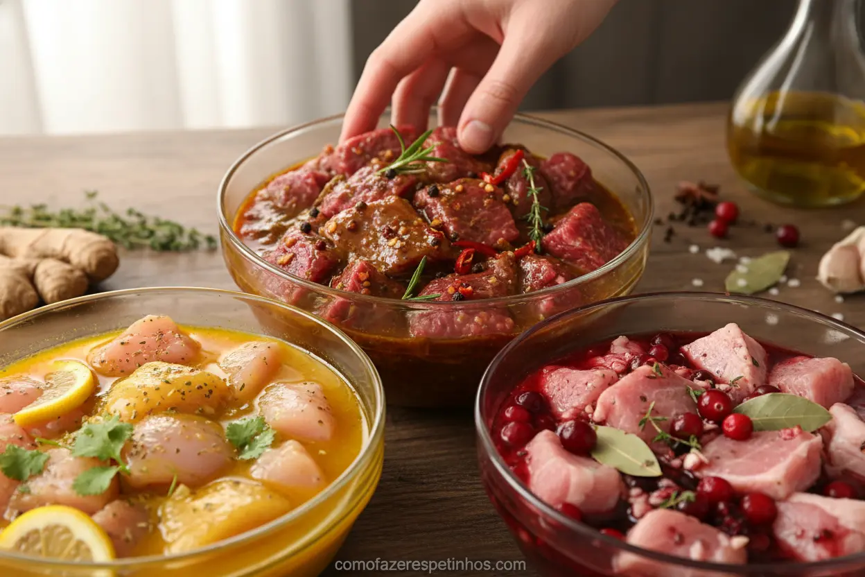 Carnes diversas em processo de marinada para espetinhos.