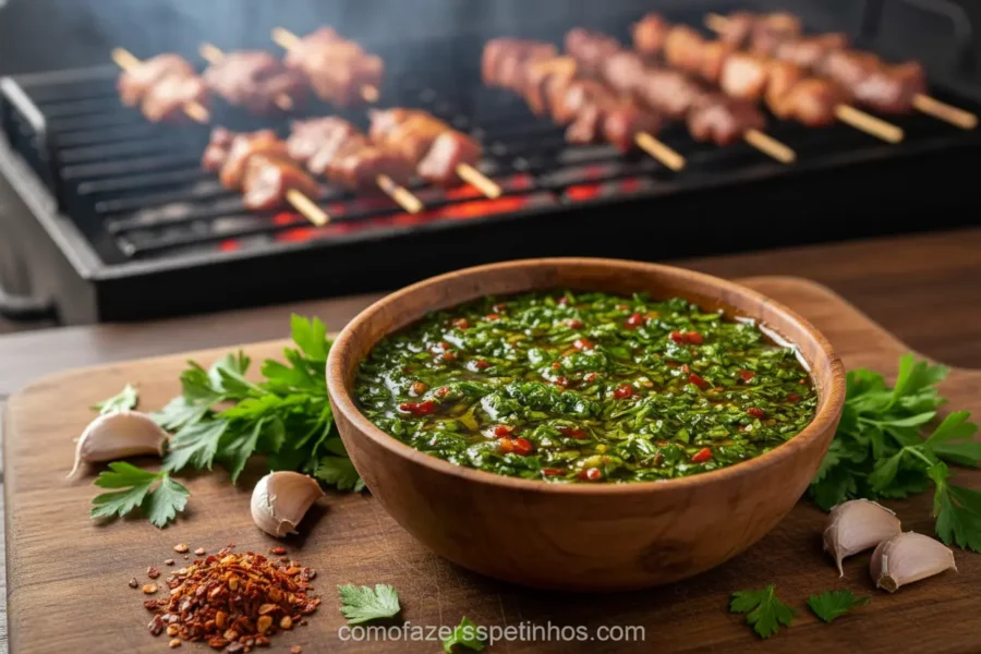 Molho chimichurri caseiro fresco em tigela de madeira