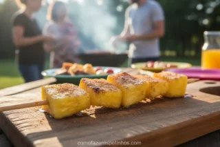 Espetinho de Abacaxi com Canela - A Sobremesa Que Vai Te Surpreender! 12 Espetinho de abacaxi com canela em uma tábua de madeira