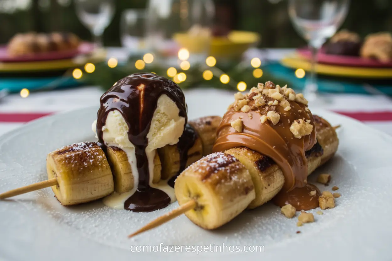 Espetinho de Banana com Acompanhamentos Sobremesa de banana grelhada com sorvete