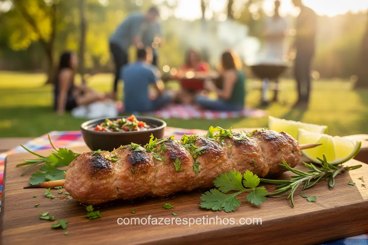 Espetinho de carne moída suculento e dourado