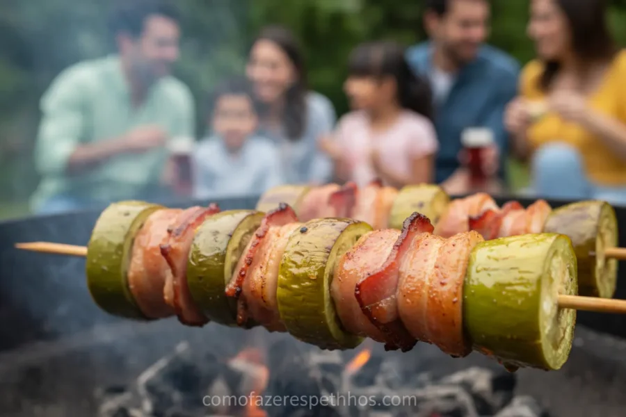Espetinho de jiló com bacon na churrasqueira