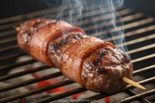 Espetinho de medalhão de carne com bacon grelhado